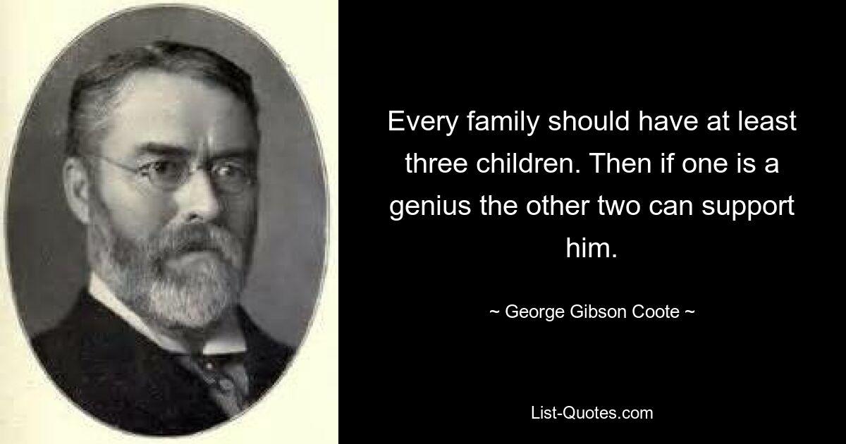 Every family should have at least three children. Then if one is a genius the other two can support him. — © George Gibson Coote