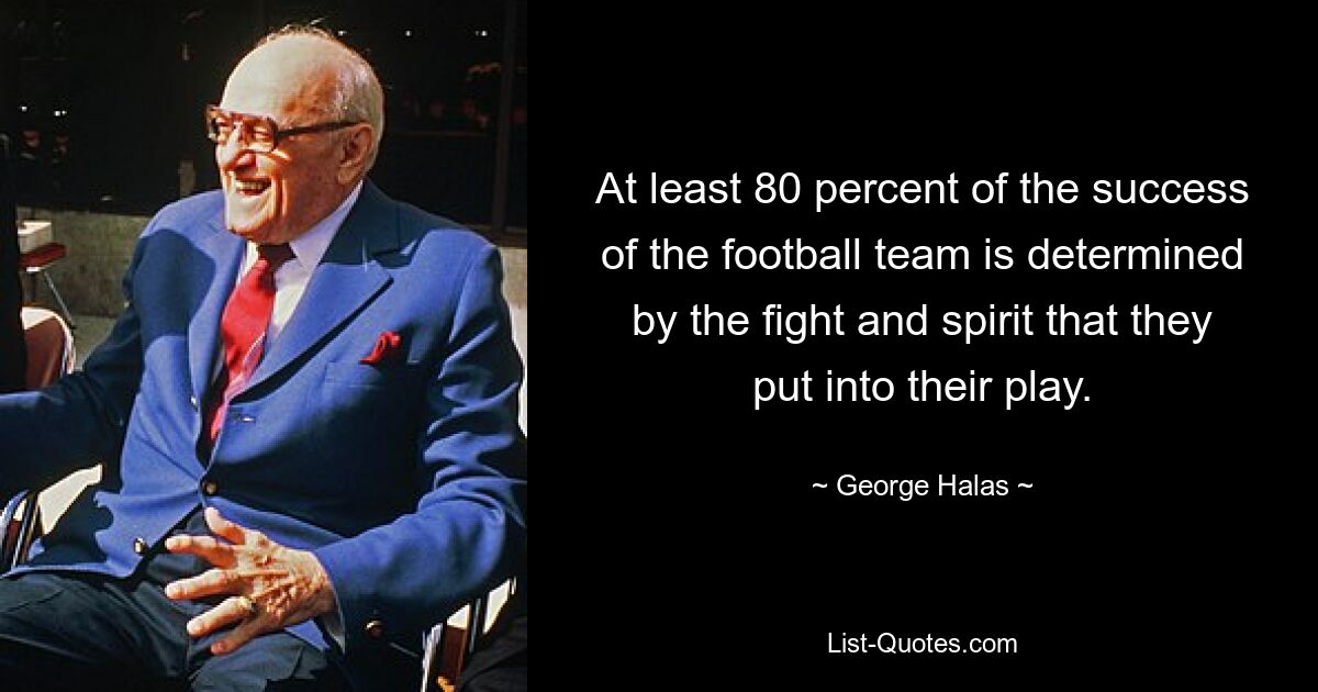 At least 80 percent of the success of the football team is determined by the fight and spirit that they put into their play. — © George Halas