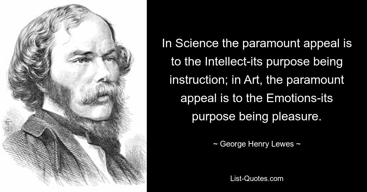 In Science the paramount appeal is to the Intellect-its purpose being instruction; in Art, the paramount appeal is to the Emotions-its purpose being pleasure. — © George Henry Lewes