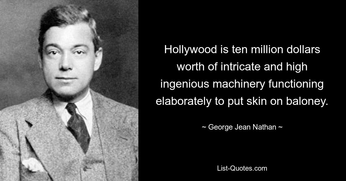 Hollywood is ten million dollars worth of intricate and high ingenious machinery functioning elaborately to put skin on baloney. — © George Jean Nathan