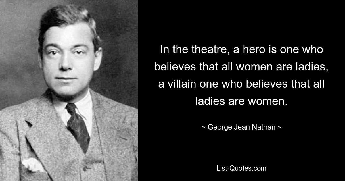 In the theatre, a hero is one who believes that all women are ladies, a villain one who believes that all ladies are women. — © George Jean Nathan