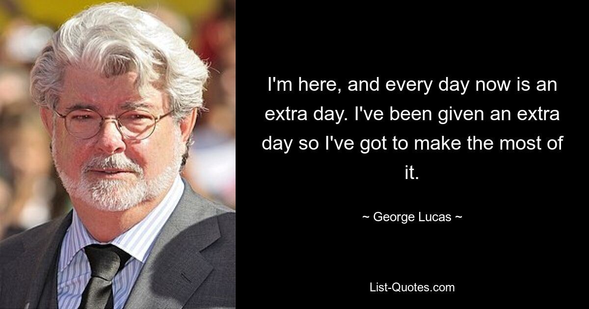 I'm here, and every day now is an extra day. I've been given an extra day so I've got to make the most of it. — © George Lucas