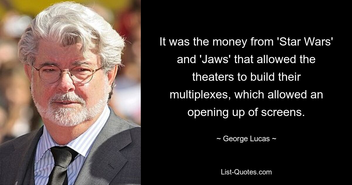 It was the money from 'Star Wars' and 'Jaws' that allowed the theaters to build their multiplexes, which allowed an opening up of screens. — © George Lucas