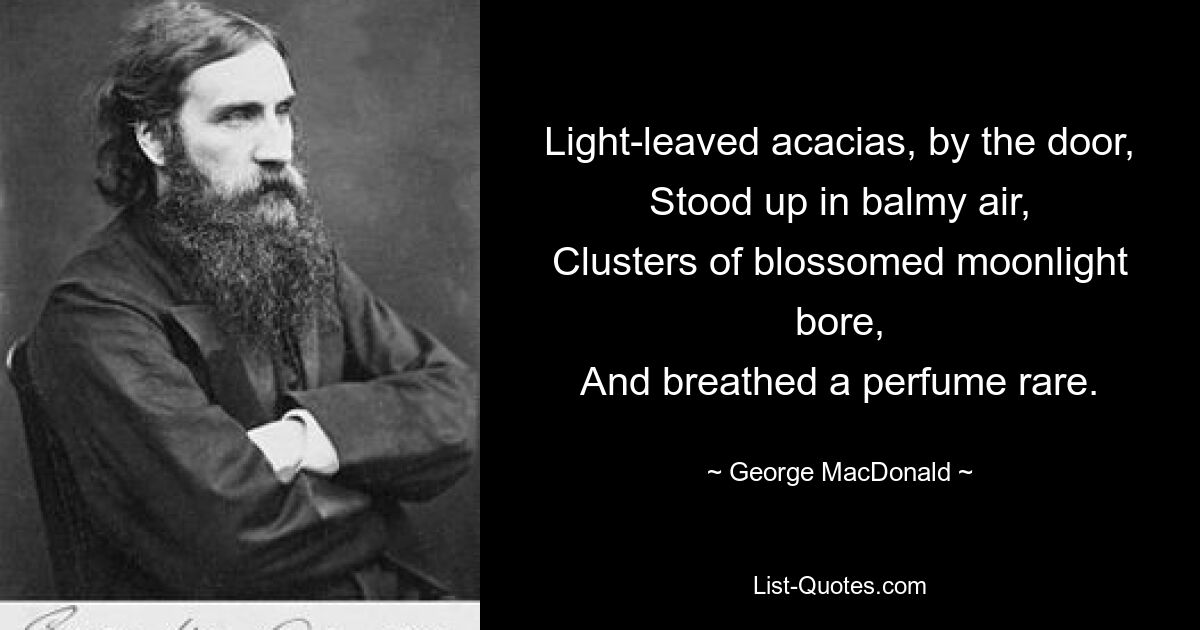 Light-leaved acacias, by the door,
Stood up in balmy air,
Clusters of blossomed moonlight bore,
And breathed a perfume rare. — © George MacDonald