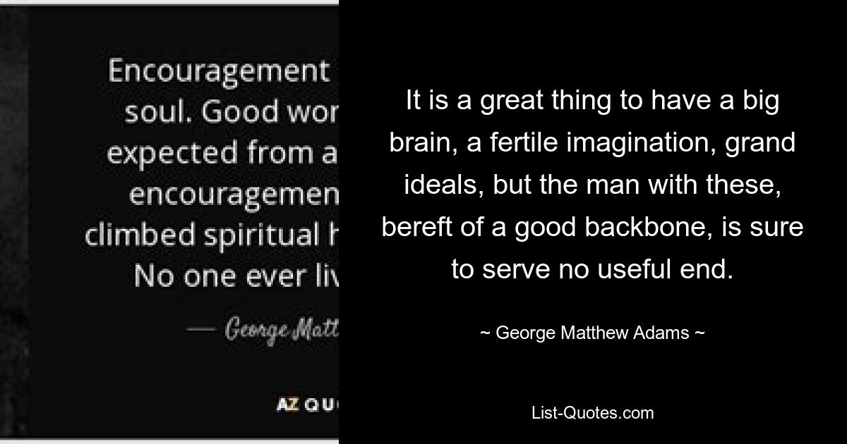 It is a great thing to have a big brain, a fertile imagination, grand ideals, but the man with these, bereft of a good backbone, is sure to serve no useful end. — © George Matthew Adams