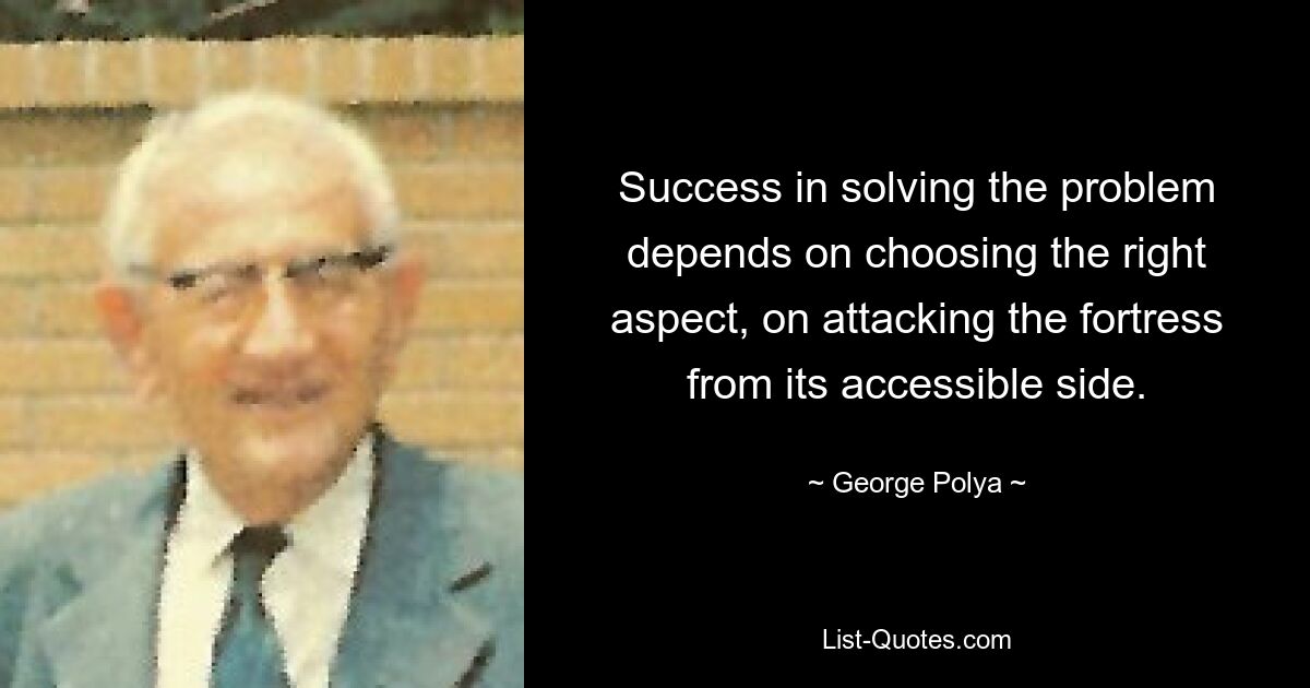 Success in solving the problem depends on choosing the right aspect, on attacking the fortress from its accessible side. — © George Polya