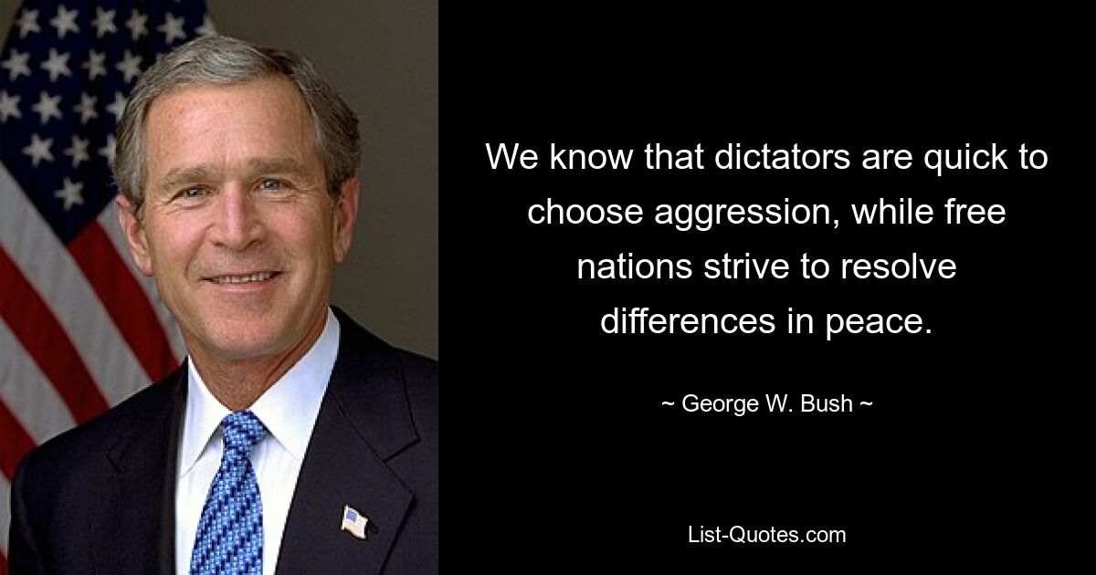 We know that dictators are quick to choose aggression, while free nations strive to resolve differences in peace. — © George W. Bush