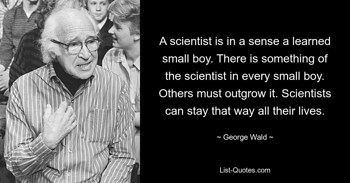 Ein Wissenschaftler ist gewissermaßen ein gelehrter kleiner Junge. In jedem kleinen Jungen steckt etwas vom Wissenschaftler. Andere müssen darüber hinauswachsen. Wissenschaftler können ihr Leben lang so bleiben. — © George Wald 
