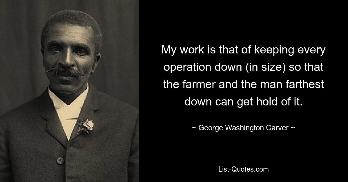 My work is that of keeping every operation down (in size) so that the farmer and the man farthest down can get hold of it. — © George Washington Carver