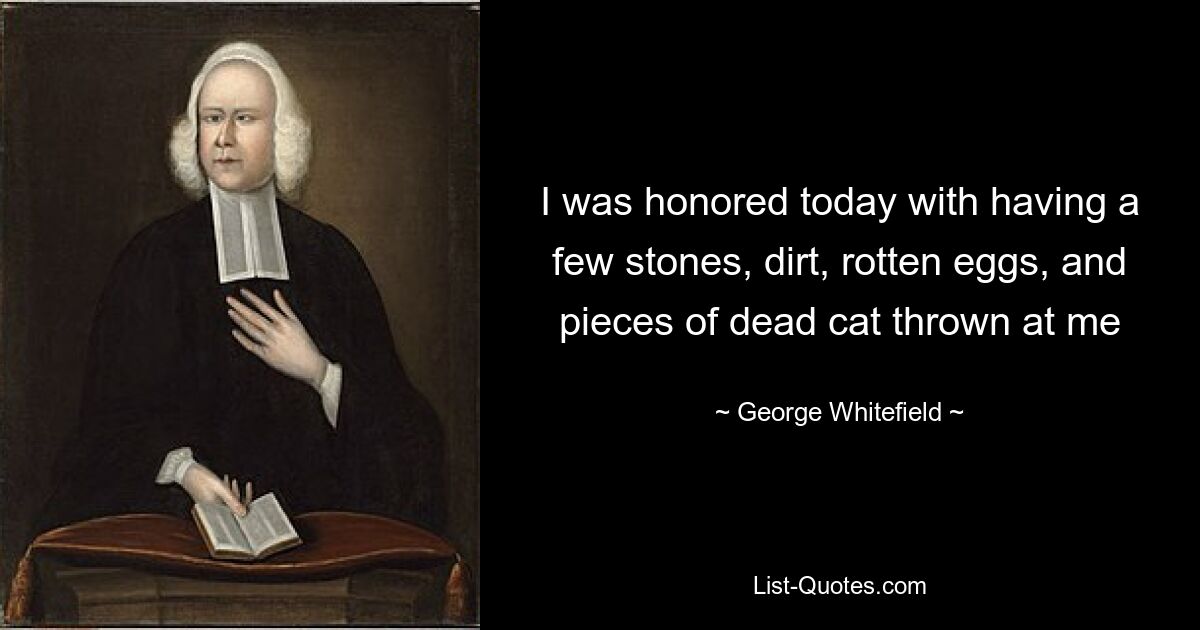 I was honored today with having a few stones, dirt, rotten eggs, and pieces of dead cat thrown at me — © George Whitefield