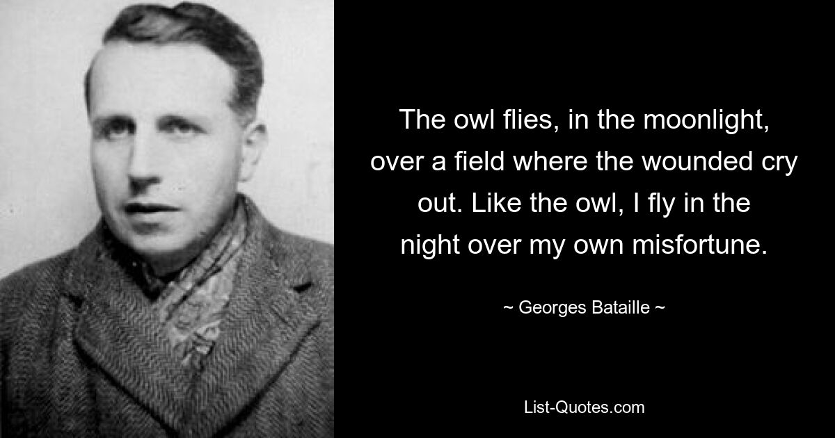 The owl flies, in the moonlight, over a field where the wounded cry out. Like the owl, I fly in the night over my own misfortune. — © Georges Bataille