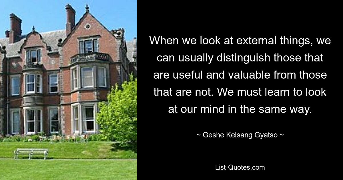 When we look at external things, we can usually distinguish those that are useful and valuable from those that are not. We must learn to look at our mind in the same way. — © Geshe Kelsang Gyatso