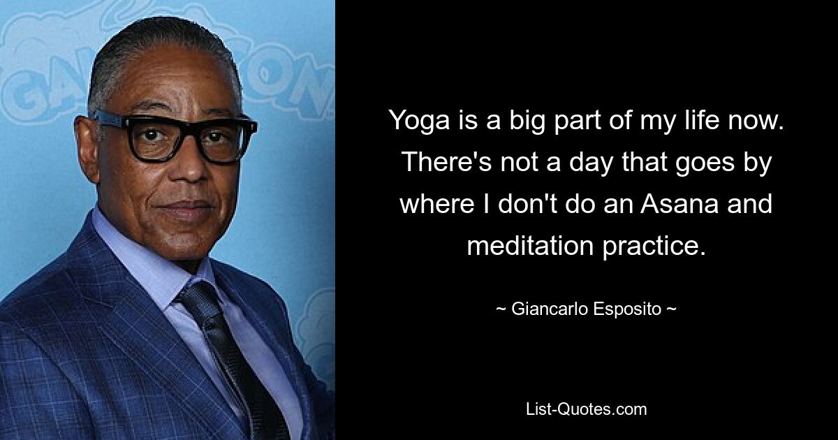 Yoga is a big part of my life now. There's not a day that goes by where I don't do an Asana and meditation practice. — © Giancarlo Esposito