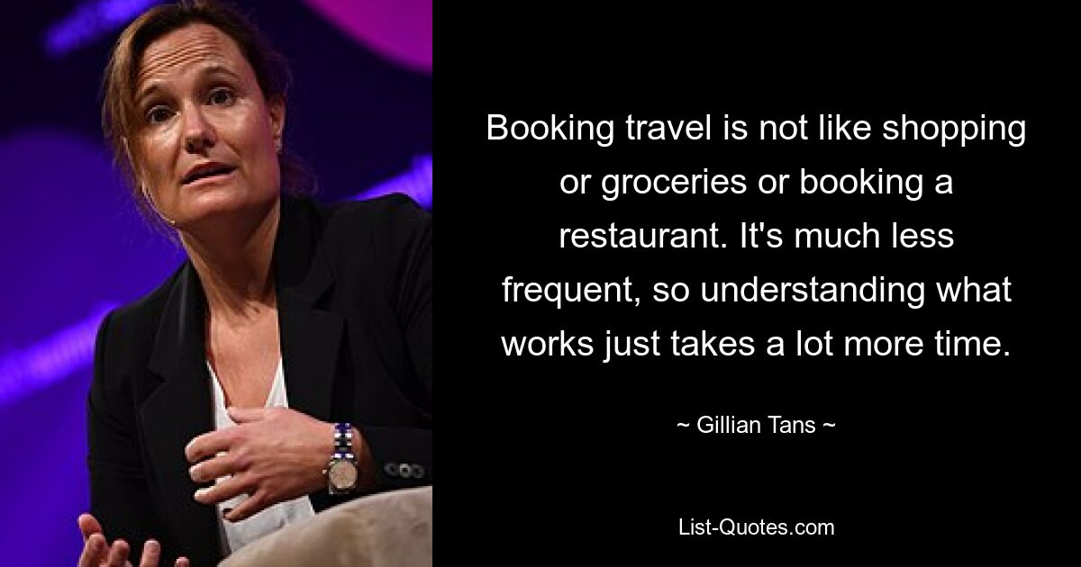 Booking travel is not like shopping or groceries or booking a restaurant. It's much less frequent, so understanding what works just takes a lot more time. — © Gillian Tans