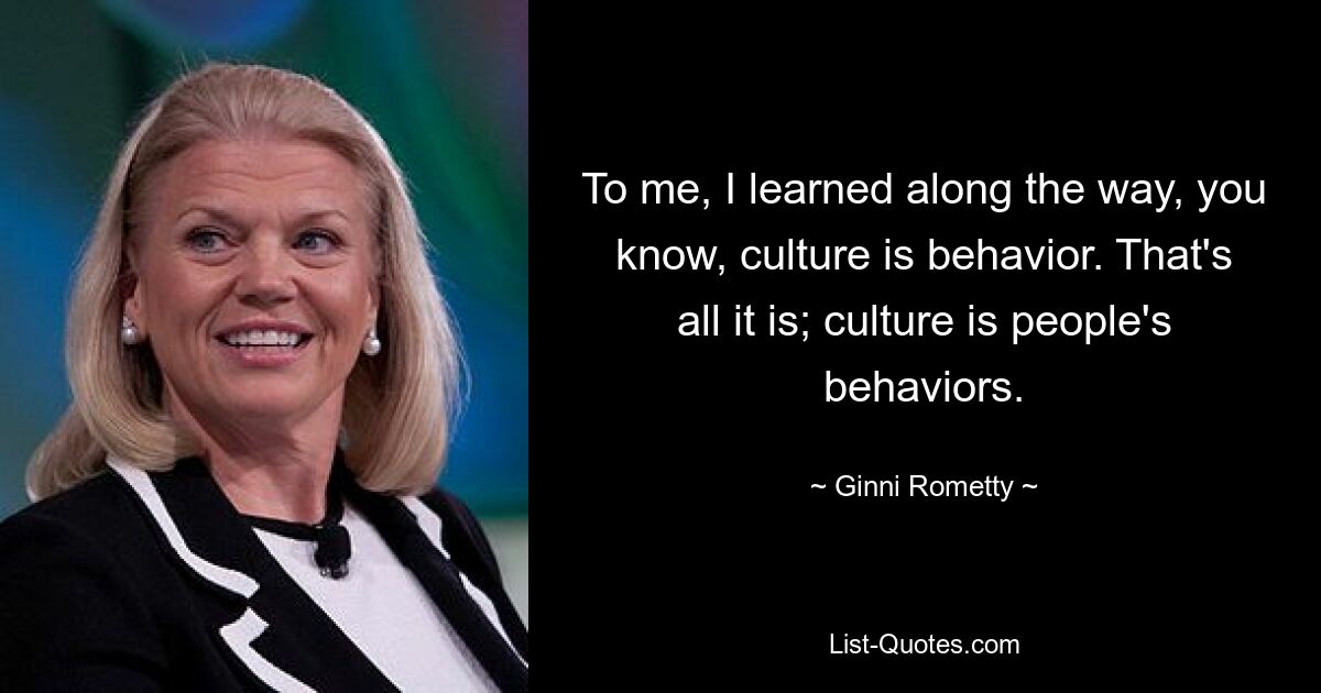 To me, I learned along the way, you know, culture is behavior. That's all it is; culture is people's behaviors. — © Ginni Rometty