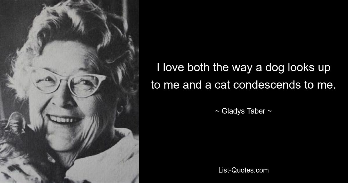 I love both the way a dog looks up to me and a cat condescends to me. — © Gladys Taber