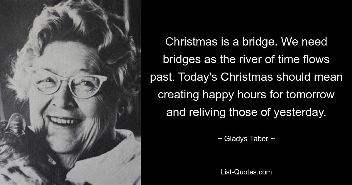 Christmas is a bridge. We need bridges as the river of time flows past. Today's Christmas should mean creating happy hours for tomorrow and reliving those of yesterday. — © Gladys Taber