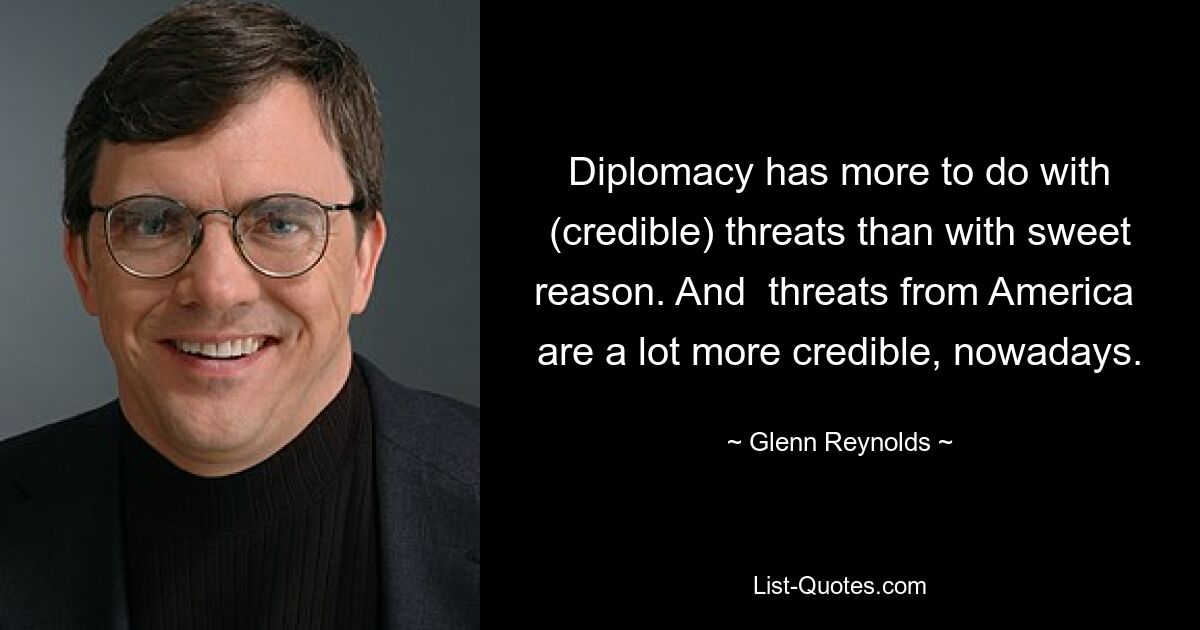 Diplomacy has more to do with (credible) threats than with sweet reason. And  threats from America  are a lot more credible, nowadays. — © Glenn Reynolds