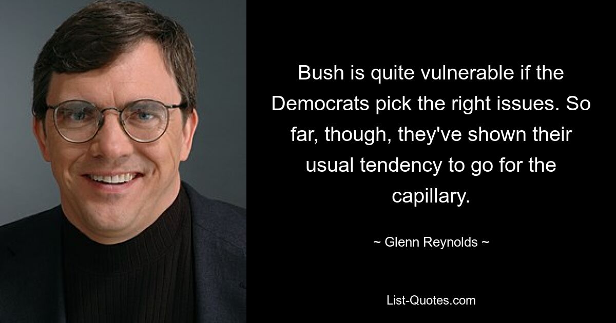 Bush is quite vulnerable if the Democrats pick the right issues. So far, though, they've shown their usual tendency to go for the capillary. — © Glenn Reynolds