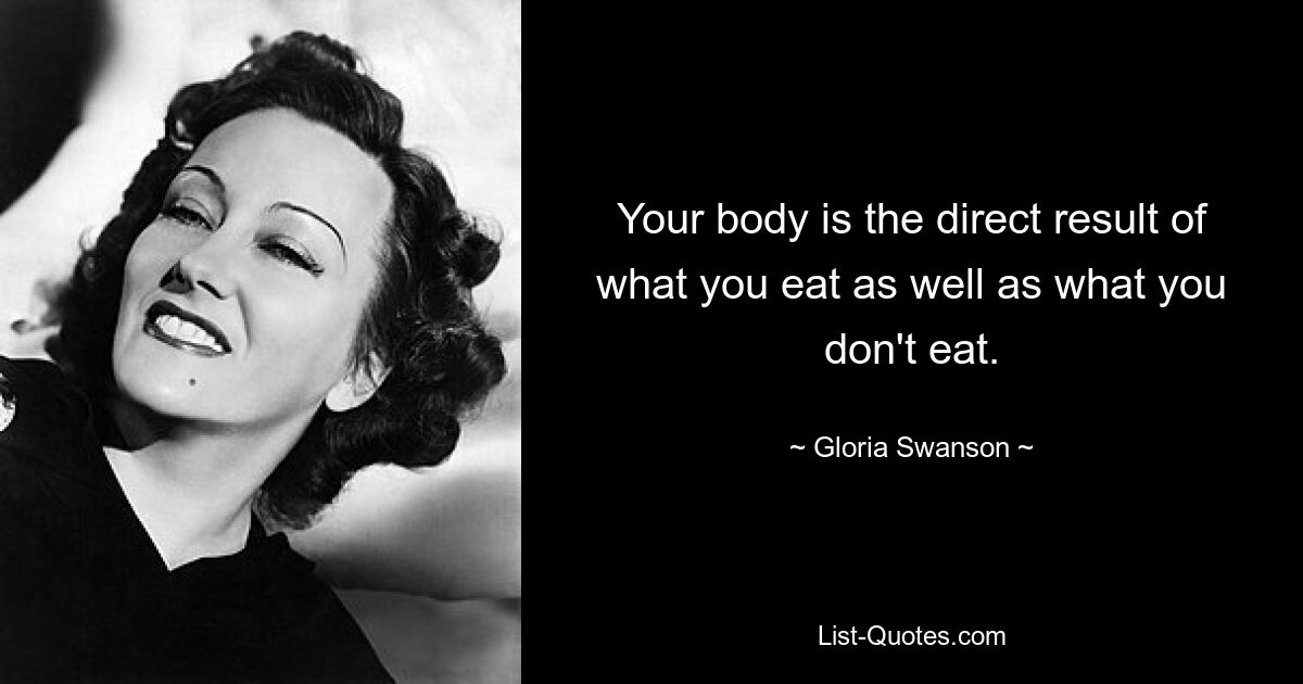 Your body is the direct result of what you eat as well as what you don't eat. — © Gloria Swanson