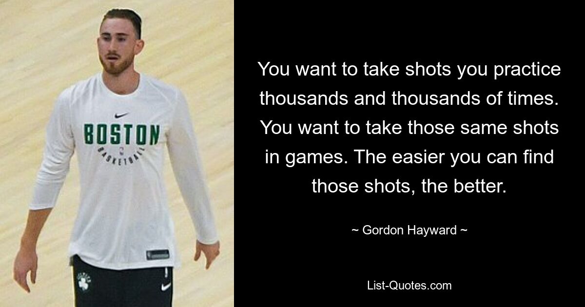 You want to take shots you practice thousands and thousands of times. You want to take those same shots in games. The easier you can find those shots, the better. — © Gordon Hayward