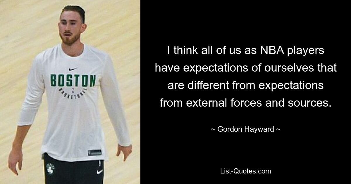 I think all of us as NBA players have expectations of ourselves that are different from expectations from external forces and sources. — © Gordon Hayward