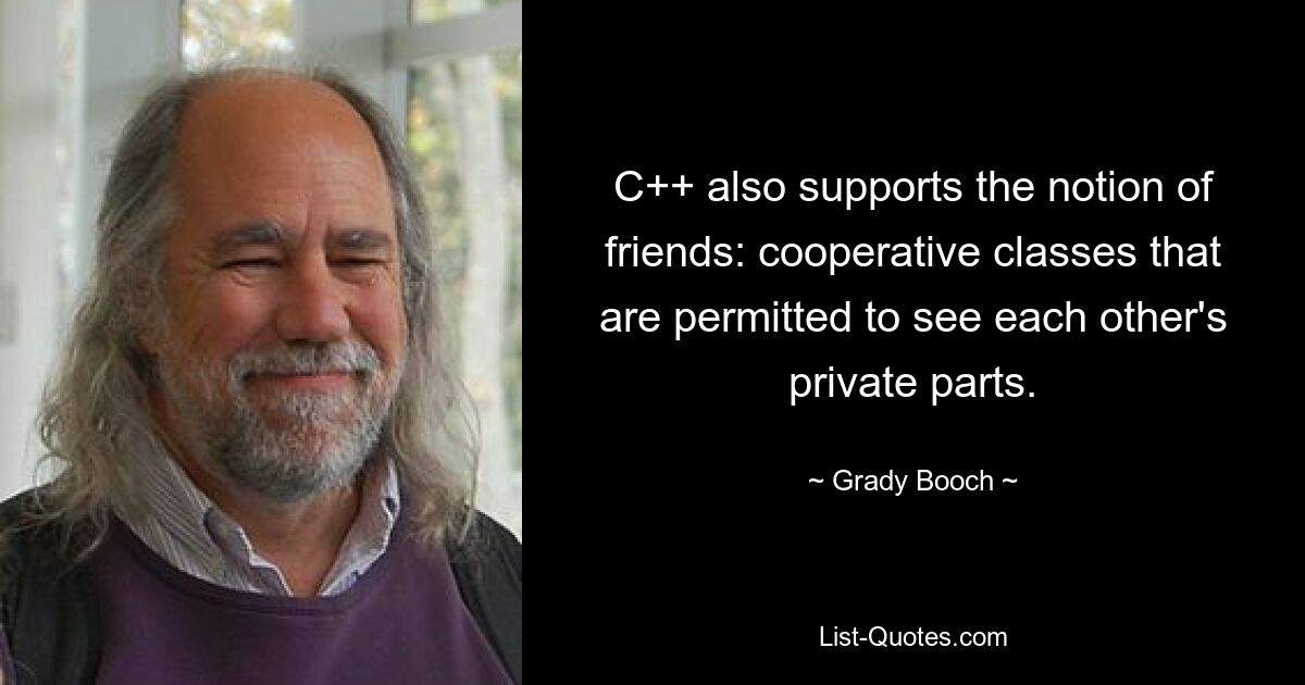 C++ also supports the notion of friends: cooperative classes that are permitted to see each other's private parts. — © Grady Booch