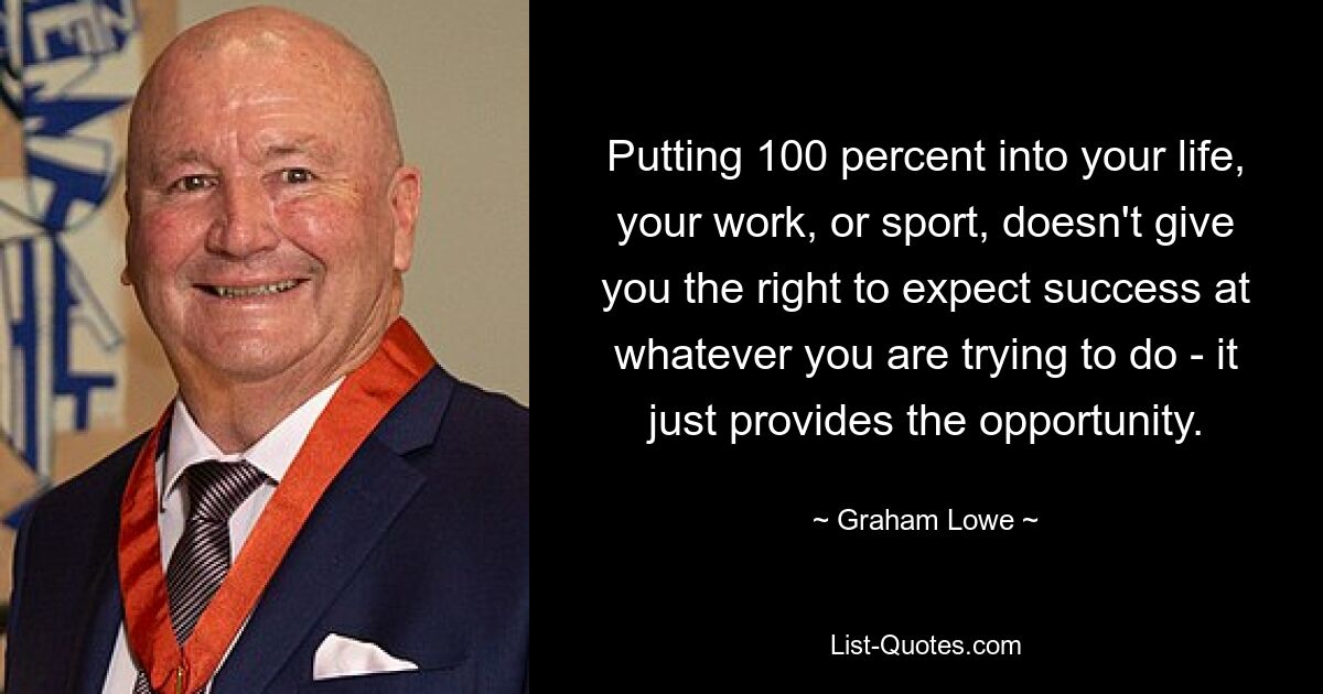 Putting 100 percent into your life, your work, or sport, doesn't give you the right to expect success at whatever you are trying to do - it just provides the opportunity. — © Graham Lowe