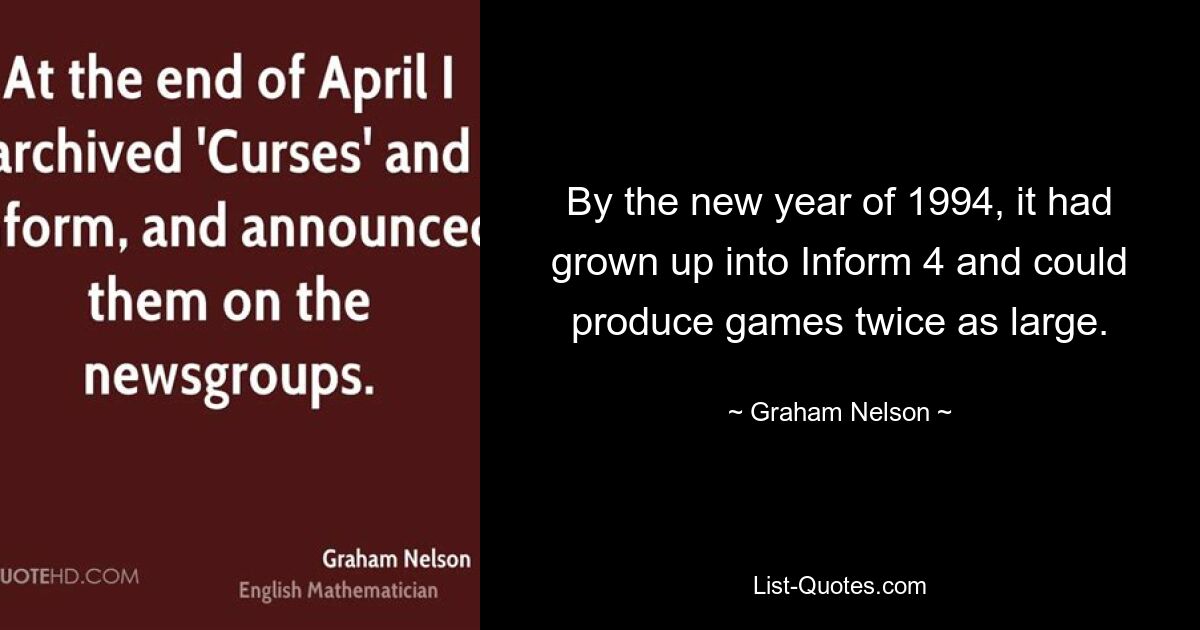 By the new year of 1994, it had grown up into Inform 4 and could produce games twice as large. — © Graham Nelson