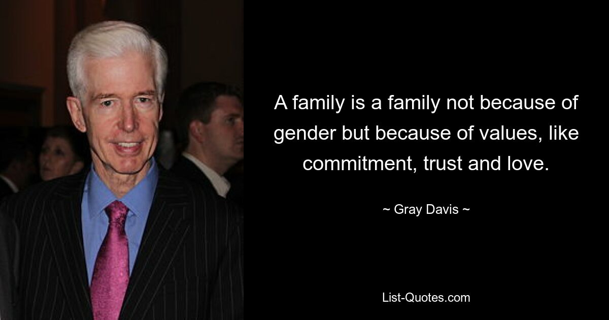 A family is a family not because of gender but because of values, like commitment, trust and love. — © Gray Davis