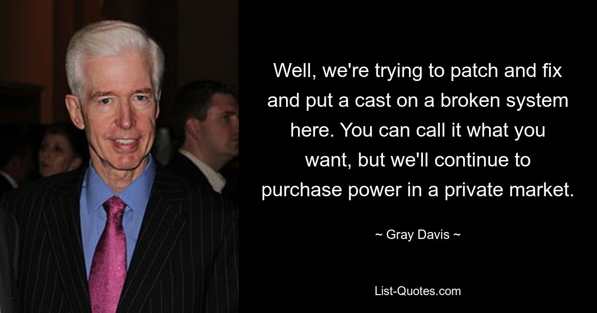 Well, we're trying to patch and fix and put a cast on a broken system here. You can call it what you want, but we'll continue to purchase power in a private market. — © Gray Davis