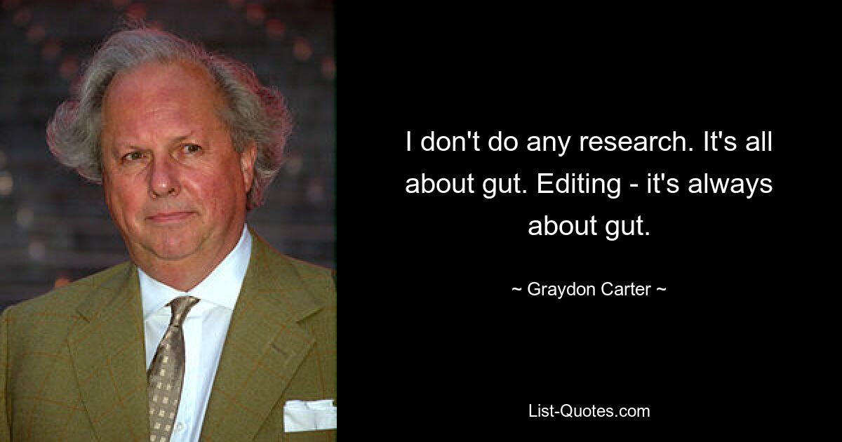 I don't do any research. It's all about gut. Editing - it's always about gut. — © Graydon Carter