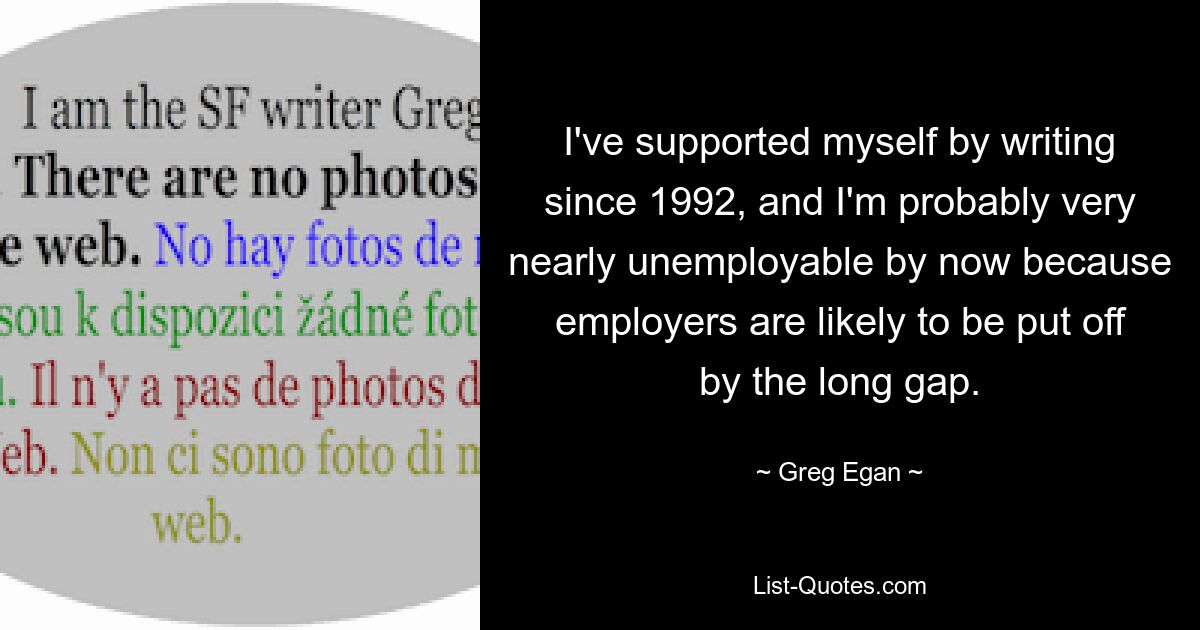 I've supported myself by writing since 1992, and I'm probably very nearly unemployable by now because employers are likely to be put off by the long gap. — © Greg Egan