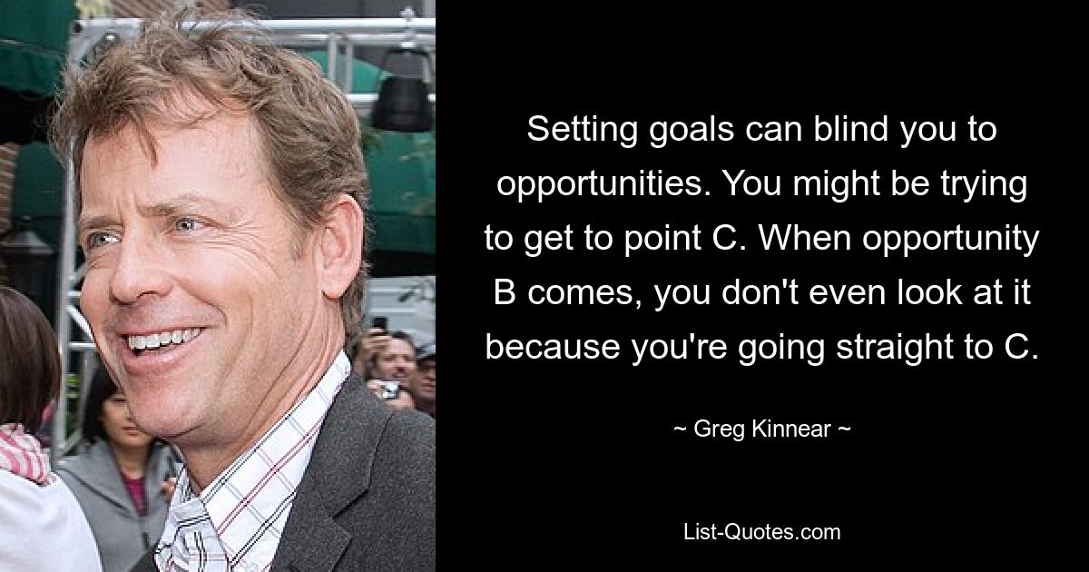 Setting goals can blind you to opportunities. You might be trying to get to point C. When opportunity B comes, you don't even look at it because you're going straight to C. — © Greg Kinnear