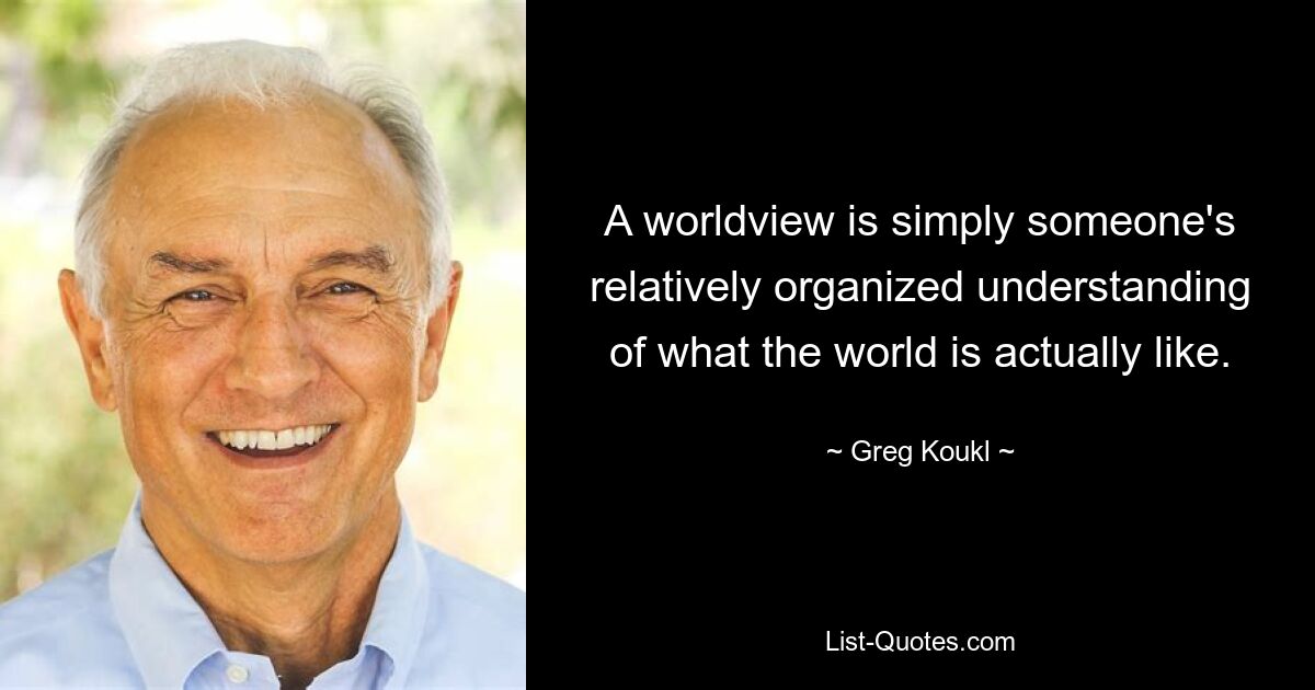 A worldview is simply someone's relatively organized understanding of what the world is actually like. — © Greg Koukl