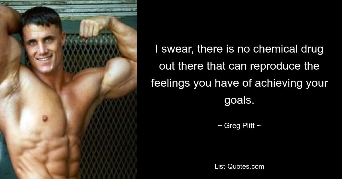 I swear, there is no chemical drug out there that can reproduce the feelings you have of achieving your goals. — © Greg Plitt