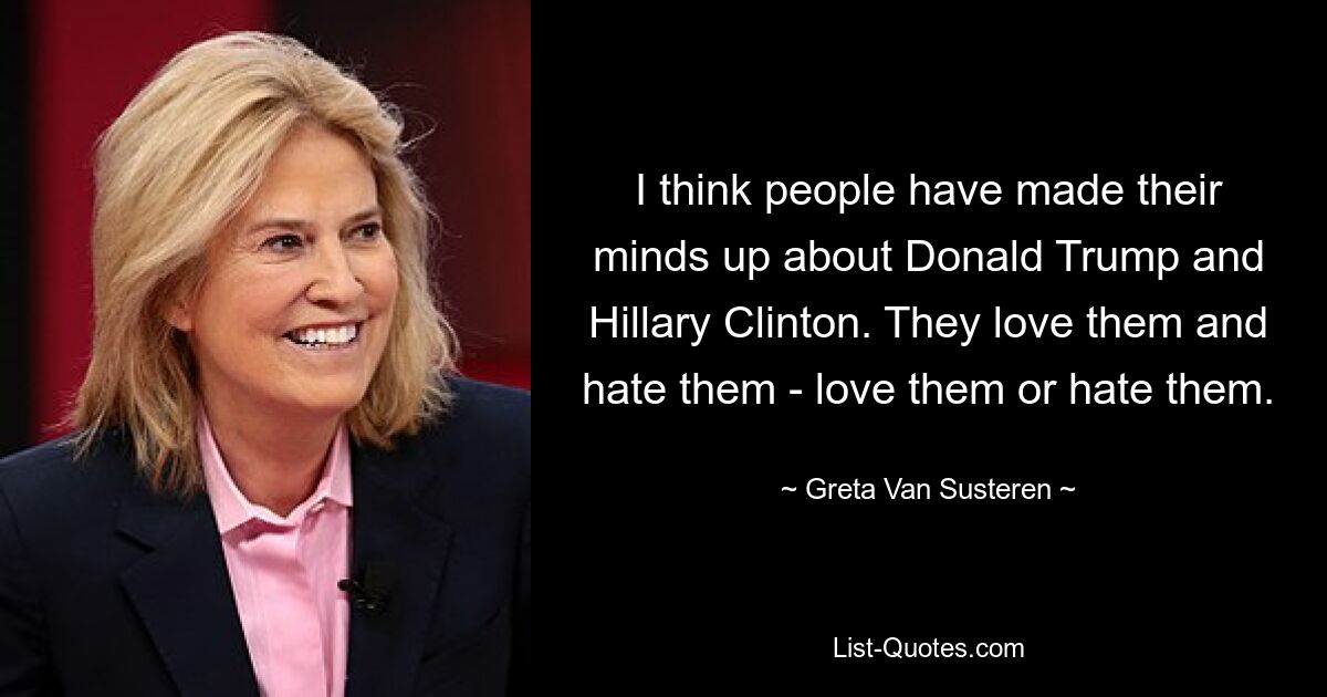 I think people have made their minds up about Donald Trump and Hillary Clinton. They love them and hate them - love them or hate them. — © Greta Van Susteren