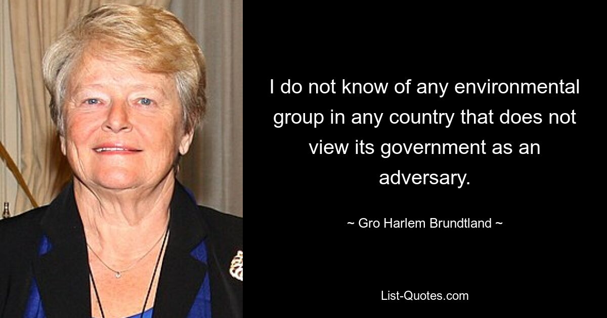 I do not know of any environmental group in any country that does not view its government as an adversary. — © Gro Harlem Brundtland