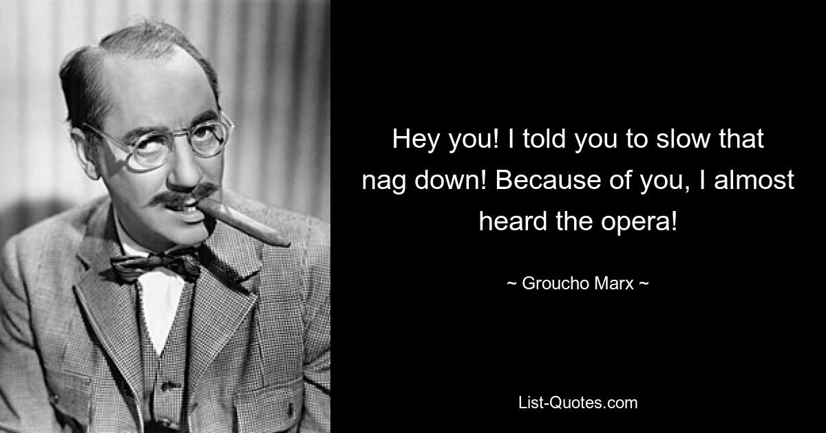 Hey you! I told you to slow that nag down! Because of you, I almost heard the opera! — © Groucho Marx