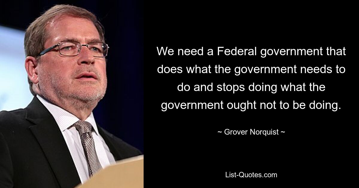 We need a Federal government that does what the government needs to do and stops doing what the government ought not to be doing. — © Grover Norquist