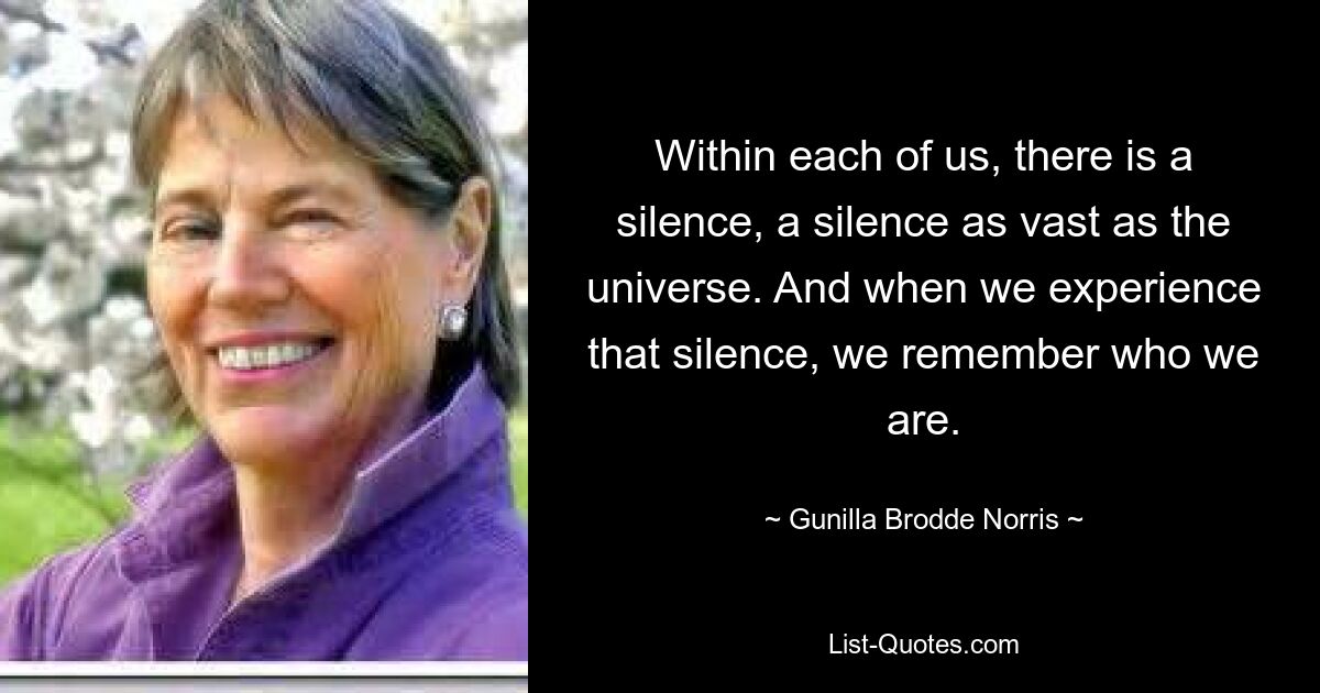 Within each of us, there is a silence, a silence as vast as the universe. And when we experience that silence, we remember who we are. — © Gunilla Brodde Norris