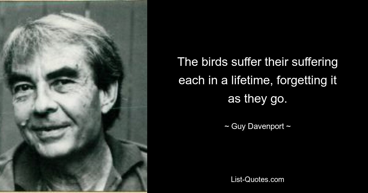 The birds suffer their suffering each in a lifetime, forgetting it as they go. — © Guy Davenport