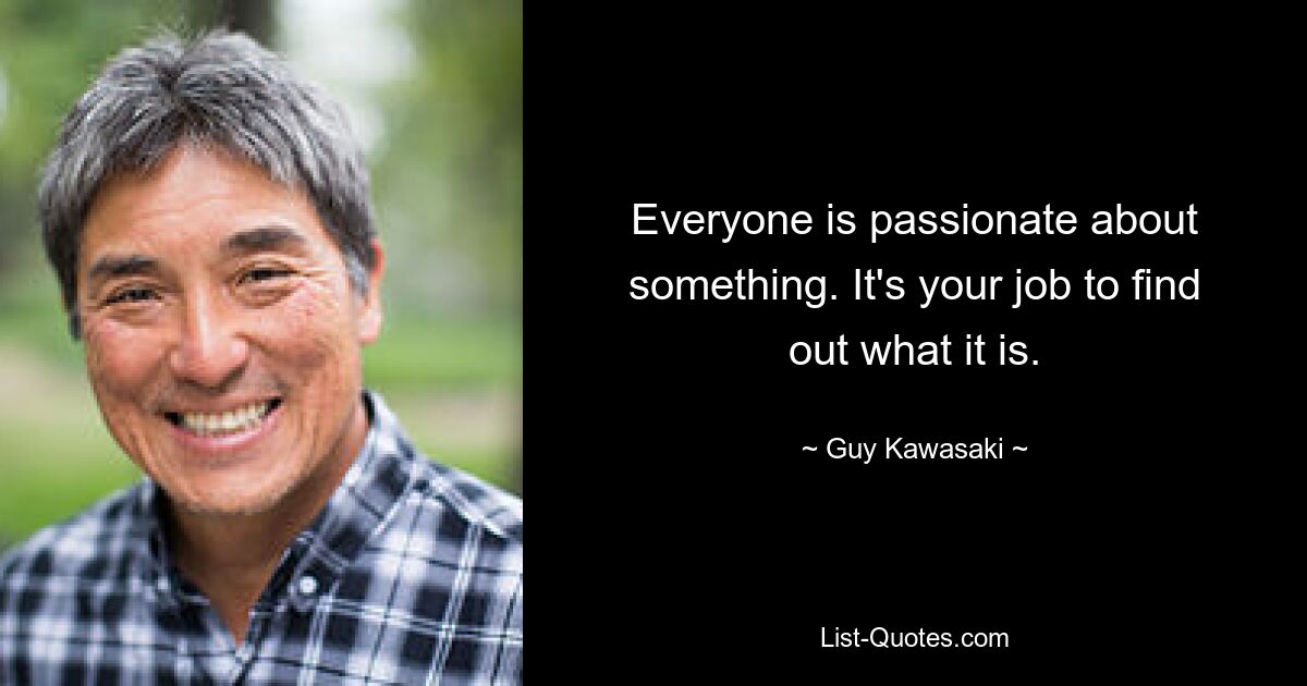 Everyone is passionate about something. It's your job to find out what it is. — © Guy Kawasaki