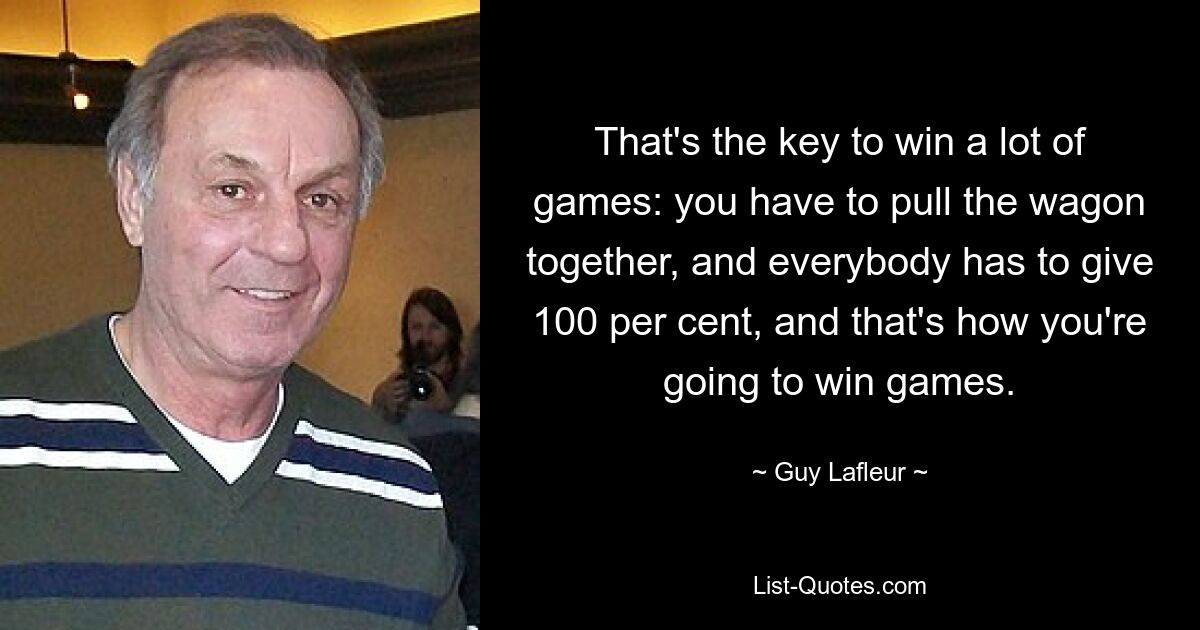 That's the key to win a lot of games: you have to pull the wagon together, and everybody has to give 100 per cent, and that's how you're going to win games. — © Guy Lafleur