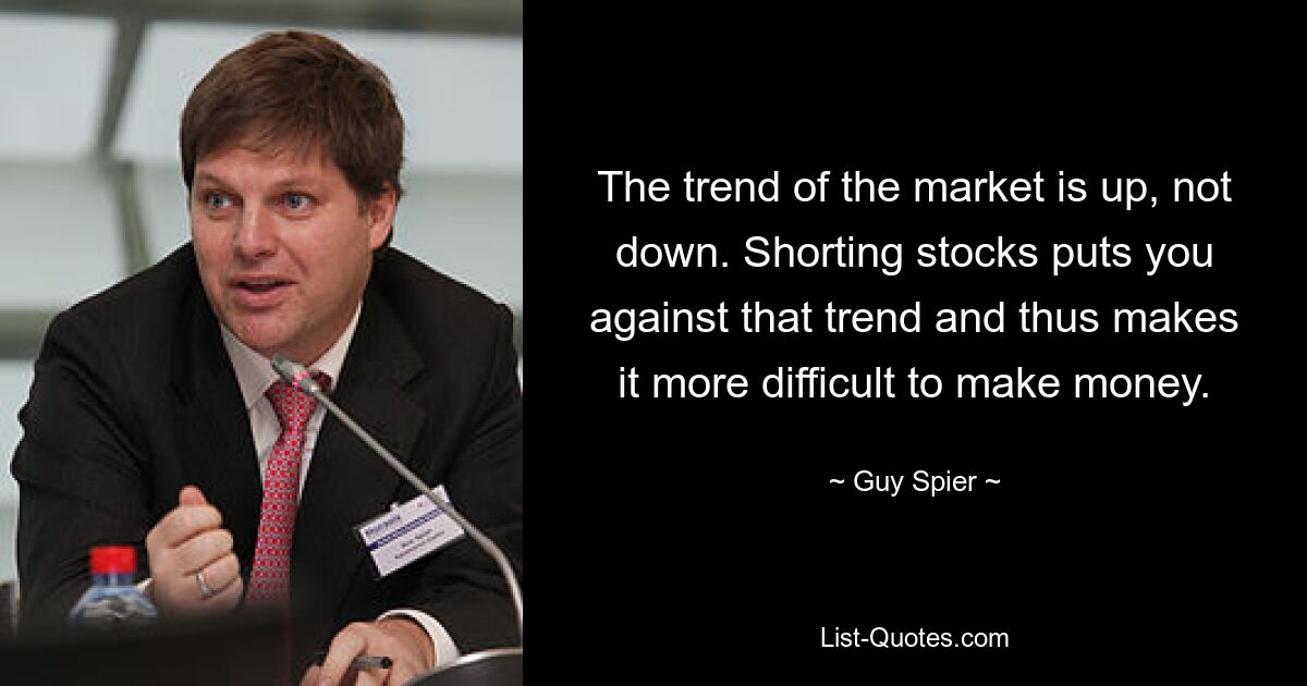 The trend of the market is up, not down. Shorting stocks puts you against that trend and thus makes it more difficult to make money. — © Guy Spier