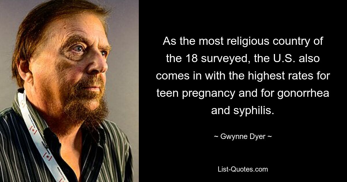 As the most religious country of the 18 surveyed, the U.S. also comes in with the highest rates for teen pregnancy and for gonorrhea and syphilis. — © Gwynne Dyer