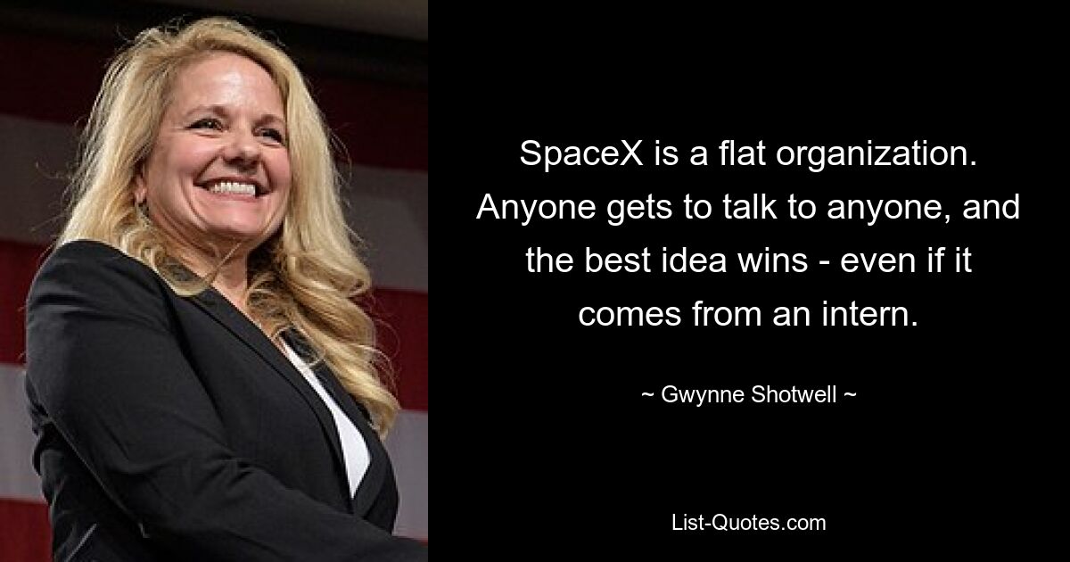 SpaceX is a flat organization. Anyone gets to talk to anyone, and the best idea wins - even if it comes from an intern. — © Gwynne Shotwell