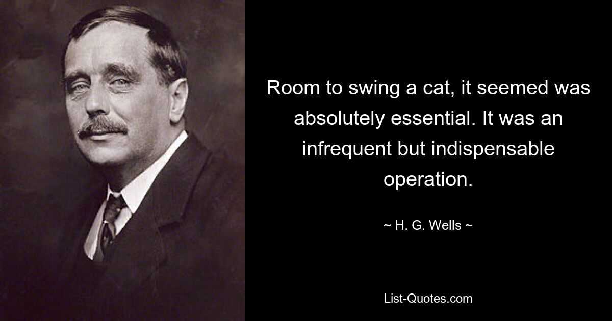 Room to swing a cat, it seemed was absolutely essential. It was an infrequent but indispensable operation. — © H. G. Wells