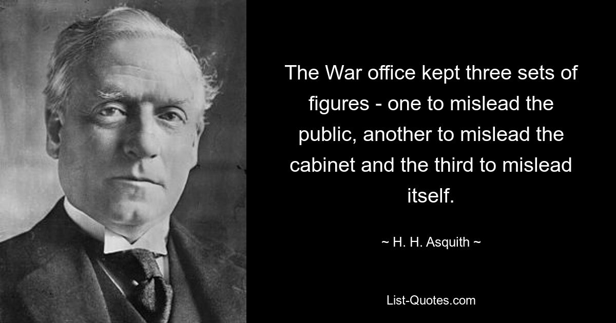 The War office kept three sets of figures - one to mislead the public, another to mislead the cabinet and the third to mislead itself. — © H. H. Asquith