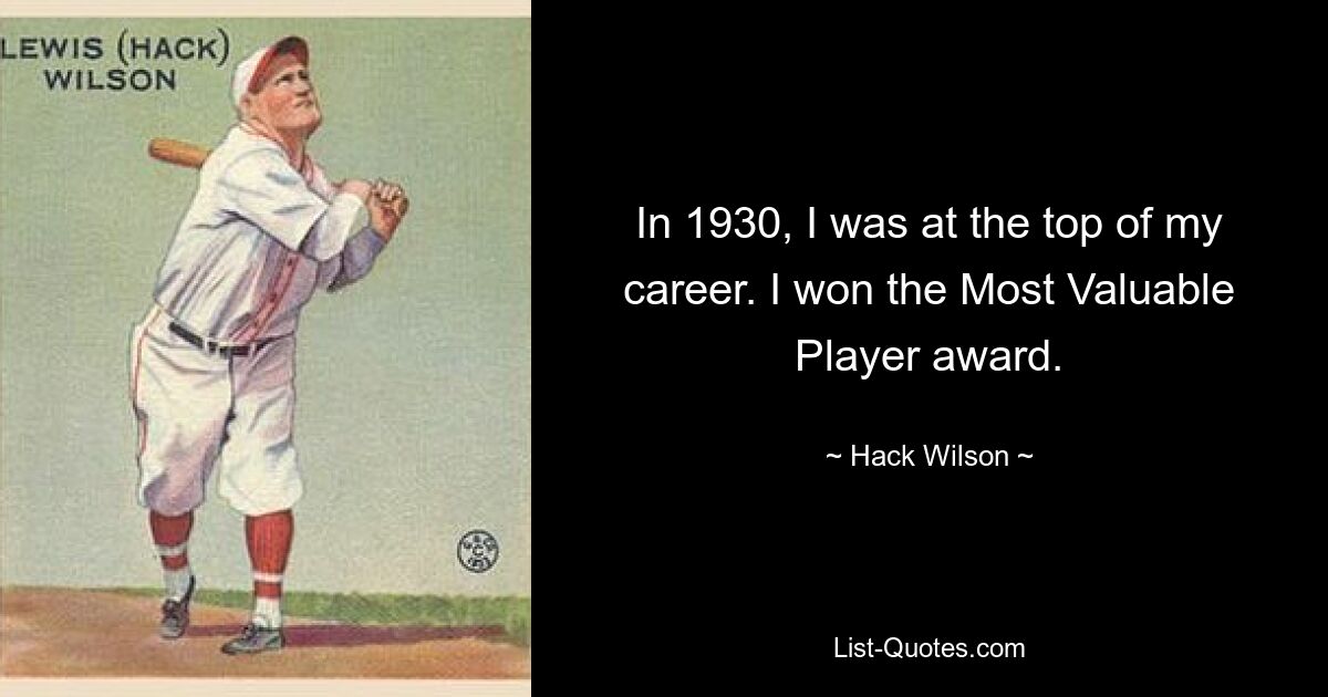 In 1930, I was at the top of my career. I won the Most Valuable Player award. — © Hack Wilson